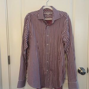 Bugatchi Red and White Classic Fit Checkered Shirt